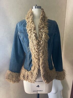 Vintage Y2K 2000s No Boundaries denim faux fur jacket juniors Medium brown